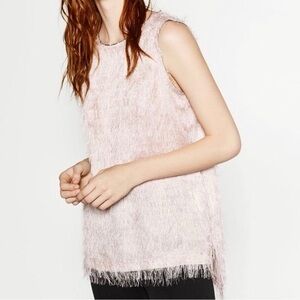 Zara Basic Pale Pink Fringe Sleeveless Shaggy Top Size Medium